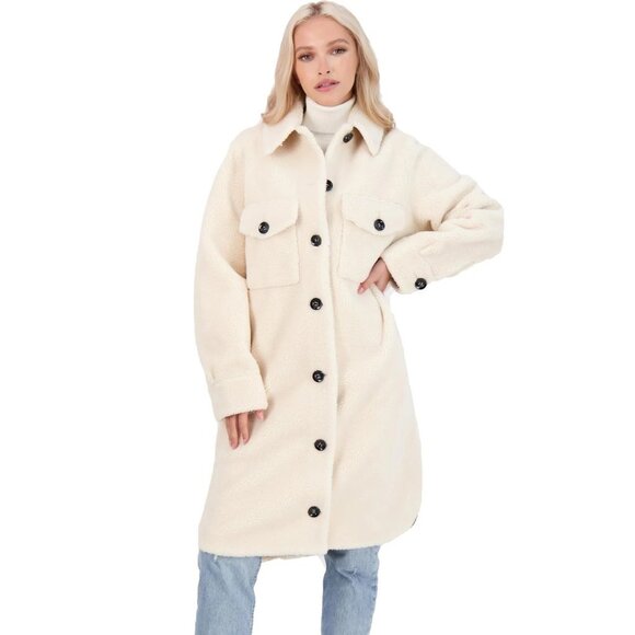 Rebecca Minkoff Harper Long Sherpa Shacket Ivory Size L - Picture 1 of 9